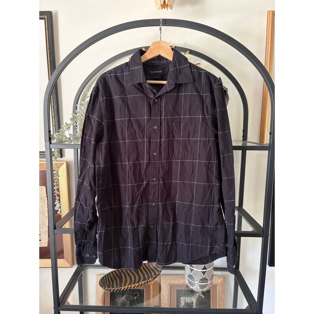 Banana Republic Untucked Fit Shirt Mens Large Black Windowpane Check Button Up